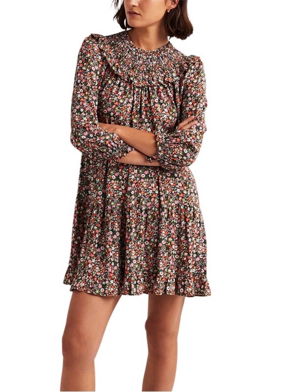 Boden Smocked Yoke Tiered Mini Dress Floral NWT